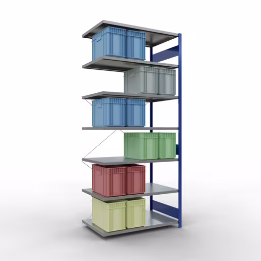 Abbildung Nr 14 des Artikels Anbauregal, Fachbodenregal Stecksystem MULTIplus250, 3000 x 1300 x 800 mm (HxBxT), 7 Fachböden, Kreuzstrebe, RAL 5010 enzianblau/verzinkt aus der Produktgruppe Stecksystem von der Marke Schulte Lagertechnik