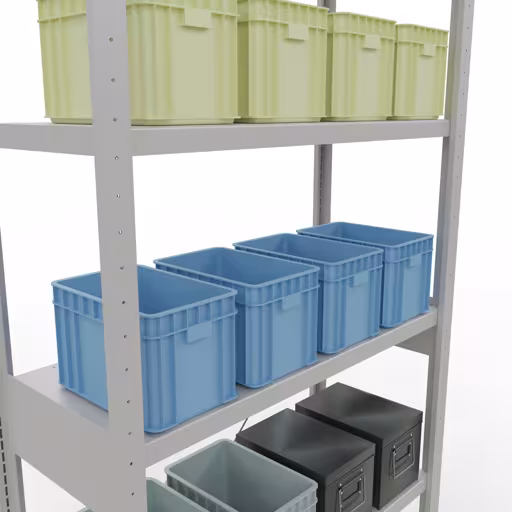 Andere Ansicht des Artikels Grundregal, Fachbodenregal Stecksystem MULTIplus250, 2500 x 1000 x 400 mm (HxBxT), 6 Fachböden, Kreuzstrebe, RAL 7035 lichtgrau Andere Ansicht des Artikels Grundregal, Fachbodenregal Stecksystem MULTIplus250, 2500 x 1000 x 400 mm (HxBxT), 6 Fachböden, Kreuzstrebe, RAL 7035 lichtgrau aus der Kategorie Stecksystem