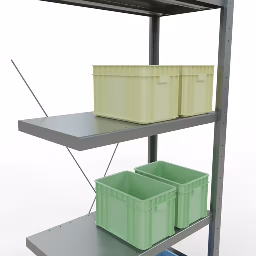 Produktbild Nr 10 des Artikels Anbauregal, Fachbodenregal Stecksystem MULTIplus250, 2000 x 750 x 400 mm (HxBxT), 5 Fachböden, Kreuzstrebe, verzinkt Abbildung Nr 10 des Artikels Anbauregal, Fachbodenregal Stecksystem MULTIplus250, 2000 x 750 x 400 mm (HxBxT), 5 Fachböden, Kreuzstrebe, verzinkt aus der Produktgruppe Stecksystem von der Marke Schulte Lagertechnik