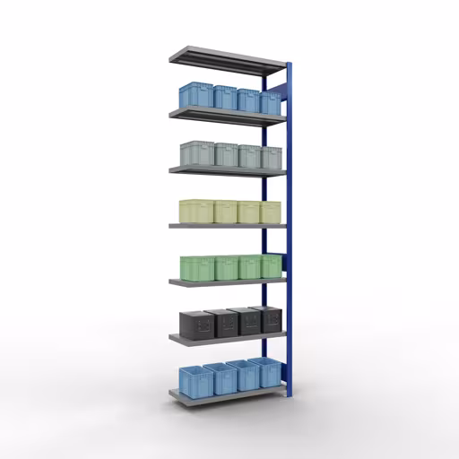 Anbauregal, Fachbodenregal Stecksystem MULTIplus330, 3000 x 1000 x 400 mm (HxBxT), 7 Fachböden, Längenriegel, RAL 5010 enzianblau/verzinkt von Schulte Lagertechnik mit der Artikelnr. 13947-LR-B