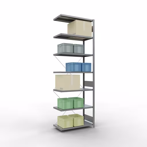 Produktbild Nr.6 des Artikels Anbauregal, Fachbodenregal Stecksystem MULTIplus250, 3000 x 1000 x 500 mm (HxBxT), 7 Fachböden, Kreuzstrebe, verzinkt aus der Produktreihe Stecksystem von der Marke Schulte Lagertechnik