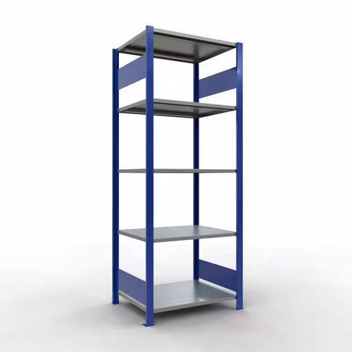 Grundregal, Fachbodenregal Stecksystem MULTIplus150, 2000 x 750 x 600 mm (HxBxT), 5 Fachböden, Längenriegel, RAL 5010 enzianblau/verzinkt/verzinkt aus der Kategorie Grundregal mit der Artikelnummer 12760-75-LR-B