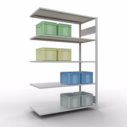 Anbauregal, Fachbodenregal Stecksystem MULTIplus150, 2000 x 1300 x 600 mm (HxBxT), 5 Fachböden, Längenriegel, RAL 7035 lichtgrau von Schulte Lagertechnik mit der Artikelnr. 32665-130-LR
