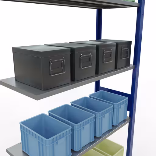 Abbildung Nr 12 des Artikels Anbauregal, Fachbodenregal Stecksystem MULTIplus85, 3000 x 1000 x 400 mm (HxBxT), 7 Fachböden, Längenriegel, RAL 5010 enzianblau aus der Produktgruppe Stecksystem von der Marke Schulte Lagertechnik