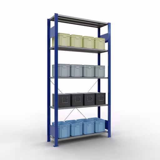 Grundregal, Fachbodenregal Stecksystem MULTIplus150, 2000 x 1000 x 300 mm (HxBxT), 5 Fachböden, Kreuzstrebe, RAL 5010/verzinkt mit der GTIN 4004514208743 Grundregal, Fachbodenregal Stecksystem MULTIplus150, 2000 x 1000 x 300 mm (HxBxT), 5 Fachböden, Kreuzstrebe, RAL 5010/verzinkt von Schulte Lagertechnik mit der Artikelnr. 12630-B