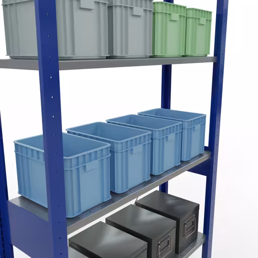 Grundregal, Fachbodenregal Stecksystem MULTIplus150, 2500 x 1000 x 300 mm (HxBxT), 6 Fachböden, Kreuzstrebe, RAL 5010/verzinkt mit der GTIN 4004514208828 Grundregal, Fachbodenregal Stecksystem MULTIplus150, 2500 x 1000 x 300 mm (HxBxT), 6 Fachböden, Kreuzstrebe, RAL 5010/verzinkt von Schulte Lagertechnik mit der Artikelnr. 12631-B