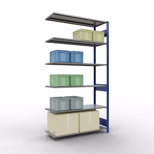 Produktbild Nr.12 des Artikels Anbauregal, Fachbodenregal Stecksystem MULTIplus150, 2500 x 1300 x 500 mm (HxBxT), 6 Fachböden, Längenriegel, RAL 5010 enzianblau/verzinkt aus der Produktreihe Stecksystem von der Marke Schulte Lagertechnik