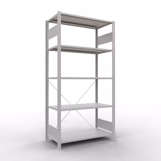 Grundregal, Fachbodenregal Stecksystem MULTIplus150, 2000 x 1000 x 500 mm (HxBxT), 5 Fachböden, Kreuzstrebe, RAL 7035 lichtgrau aus der Kategorie Grundregal mit der Artikelnummer 32650