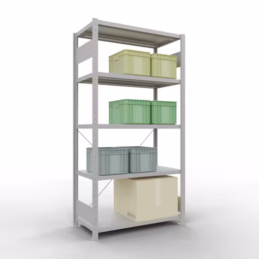 Produktbild Nr.6 des Artikels Grundregal, Fachbodenregal Stecksystem MULTIplus250, 2000 x 1000 x 500 mm (HxBxT), 5 Fachböden, Kreuzstrebe, RAL 7035 lichtgrau aus der Produktreihe Stecksystem von der Marke Schulte Lagertechnik