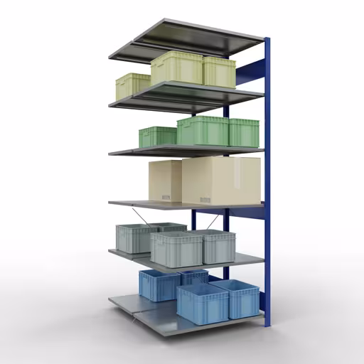 Anbauregal, Doppelregal, Fachbodenregal Stecksystem MULTIplus150, 2500 x 1000 x (2x600) mm (HxBxT), 2x6 Fachböden, Kreuzstrebe, RAL 5010 enzianblau von der Marke Schulte Lagertechnik aus der Produktreihe Fachbodenregale