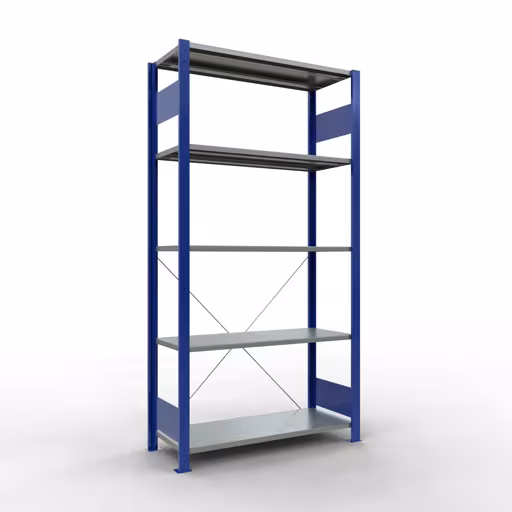 Grundregal, Fachbodenregal Stecksystem MULTIplus150, 2000 x 1000 x 400 mm (HxBxT), 5 Fachböden, Kreuzstrebe, RAL 5010/verzinkt aus der Kategorie Grundregal mit der Artikelnummer 12640-B