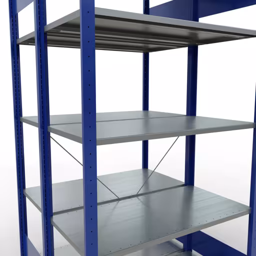 Produktbild Nr.7 des Artikels Grundregal, Doppelregal, Fachbodenregal Stecksystem MULTIplus150, 2000 x 1000 x (2x500) mm (HxBxT), 2x5 Fachböden, Kreuzstrebe, RAL 5010 enzianblau aus der Produktreihe Fachbodenregale von der Marke Schulte Lagertechnik
