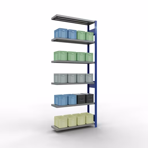 Abbildung Nr 12 des Artikels Anbauregal, Fachbodenregal Stecksystem MULTIplus250, 2500 x 1000 x 300 mm (HxBxT), 6 Fachböden, Längenriegel, RAL 5010 enzianblau/verzinkt aus der Produktgruppe Stecksystem von der Marke Schulte Lagertechnik