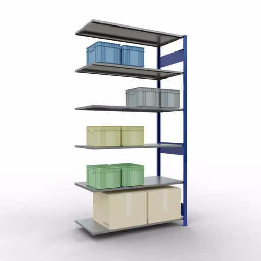 Anbauregal, Fachbodenregal Stecksystem MULTIplus150, 2500 x 1300 x 600 mm (HxBxT), 6 Fachböden, Längenriegel, RAL 5010 enzianblau/verzinkt mit der GTIN 4004514281104 Anbauregal, Fachbodenregal Stecksystem MULTIplus150, 2500 x 1300 x 600 mm (HxBxT), 6 Fachböden, Längenriegel, RAL 5010 enzianblau/verzinkt von Schulte Lagertechnik mit der Artikelnr. 12766-130-LR-B