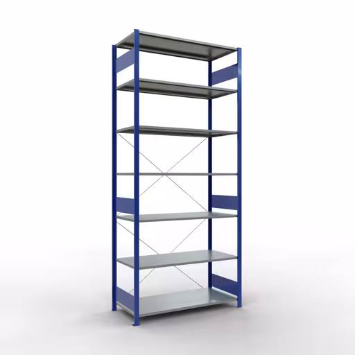 Grundregal, Fachbodenregal Stecksystem MULTIplus150, 3000 x 1300 x 600 mm (HxBxT), 7 Fachböden, Kreuzstrebe, RAL 5010 enzianblau/verzinkt aus der Kategorie Grundregal mit der Artikelnummer 12762-130-B