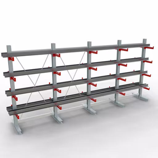 Produktbild Nr 11 des Artikels K 3000 Komplettregal, doppelseitig, 2500 x 5200 x 400 mm, RAL 7001 / RAL 3000, 5 Lagerebenen Abbildung Nr 11 des Artikels K 3000 Komplettregal, doppelseitig, 2500 x 5200 x 400 mm, RAL 7001 / RAL 3000, 5 Lagerebenen aus der Produktgruppe Kragarmregale von der Marke Schulte Lagertechnik