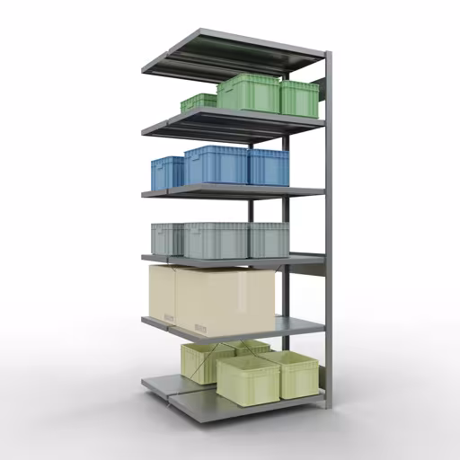 Anbauregal, Doppelregal, Fachbodenregal Stecksystem MULTIplus250, 2500 x 1000 x (2x500) mm (HxBxT), 2x6 Fachböden, Kreuzstrebe, verzinkt von Schulte Lagertechnik mit der Artikelnr. 14256-A