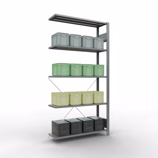 Anbauregal, Fachbodenregal Stecksystem MULTIplus150, 2000 x 1000 x 300 mm (HxBxT), 5 Fachböden, Kreuzstrebe, verzinkt - Expressline von der Marke Schulte Lagertechnik aus der Produktreihe Stecksystem