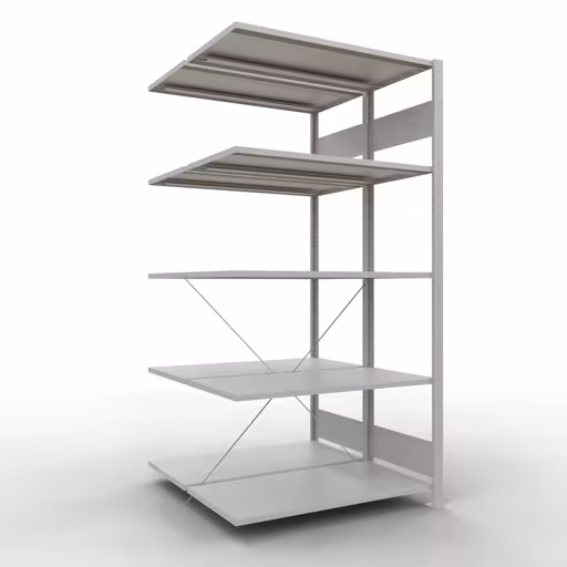 Anbauregal, Doppelregal, Fachbodenregal Stecksystem MULTIplus150, 2000 x 1000 x (2x500) mm (HxBxT), 2x5 Fachböden, Kreuzstrebe, RAL 7035 lichtgrau aus der Kategorie Doppelregale mit der Artikelnummer 32755