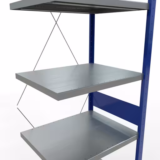 Anbauregal, Fachbodenregal Stecksystem MULTIplus250, 3000 x 750 x 600 mm (HxBxT), 7 Fachböden, Kreuzstrebe, RAL 5010 enzianblau/verzinkt/verzinkt von der Marke Schulte Lagertechnik aus der Produktreihe Stecksystem