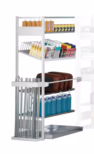 Anbauregal, Regalmodul M1, 2000 x 1000 x 500 mm, RAL 7035 lichtgrau/verzinkt, 4 MULTIplus150-Fachböden aus der Kategorie Anbauregal mit der Artikelnummer 12755-M1