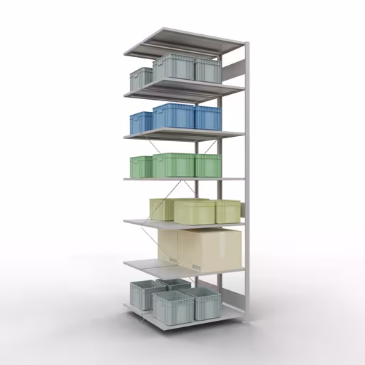 Anbauregal, Doppelregal, Fachbodenregal Stecksystem MULTIplus150, 3000 x 1000 x (2x1000) mm (HxBxT), 2x7 Fachböden, Kreuzstrebe, RAL 7035 lichtgrau von Schulte Lagertechnik mit der Artikelnr. 32757