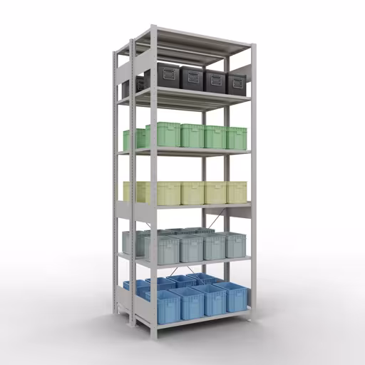 Abbildung Nr 10 des Artikels Grundregal, Doppelregal, Fachbodenregal Stecksystem MULTIplus150, 2500 x 1000 x (2x400) mm (HxBxT), 2x6 Fachböden, Kreuzstrebe, RAL 7035 lichtgrau aus der Produktgruppe Fachbodenregale von der Marke Schulte Lagertechnik