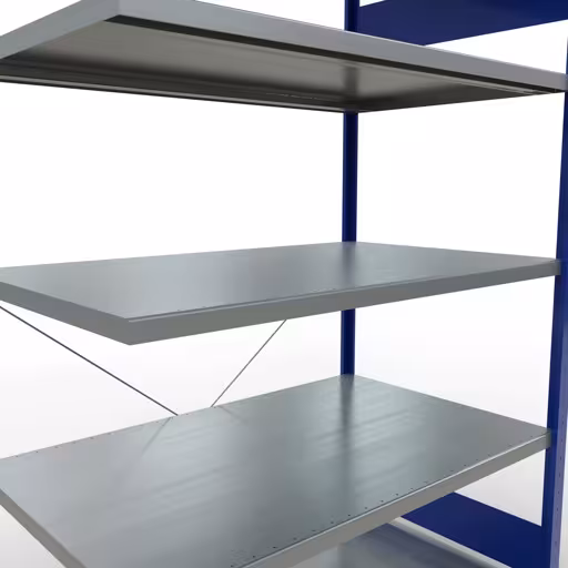 Anbauregal, Fachbodenregal Stecksystem MULTIplus250, 2000 x 1300 x 800 mm (HxBxT), 5 Fachböden, Kreuzstrebe, RAL 5010 enzianblau/verzinkt von der Marke Schulte Lagertechnik aus der Produktreihe Stecksystem