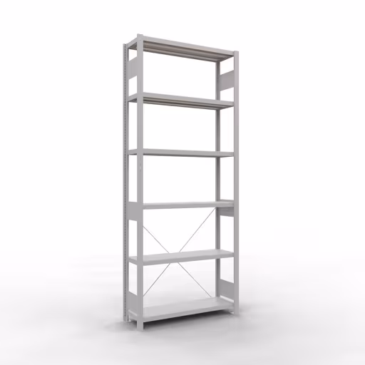 Grundregal, Fachbodenregal Stecksystem MULTIplus250, 2500 x 1000 x 300 mm (HxBxT), 6 Fachböden, Kreuzstrebe, RAL 7035 lichtgrau aus der Kategorie Grundregal mit der Artikelnummer 32831