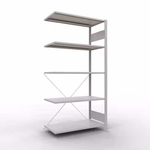 Anbauregal, Fachbodenregal Stecksystem MULTIplus150, 2000 x 1000 x 500 mm (HxBxT), 5 Fachböden, Kreuzstrebe, RAL 7035 lichtgrau aus der Kategorie Anbauregal mit der Artikelnummer 32655