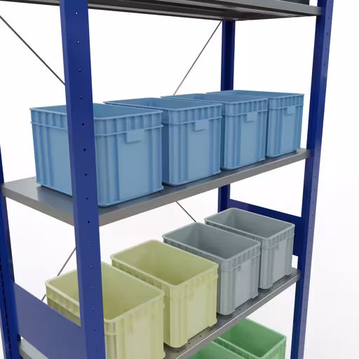 Grundregal, Fachbodenregal Stecksystem MULTIplus85, 3000 x 1000 x 400 mm (HxBxT), 7 Fachböden, Kreuzstrebe, RAL 5010 enzianblau von der Marke Schulte Lagertechnik aus der Produktreihe Stecksystem