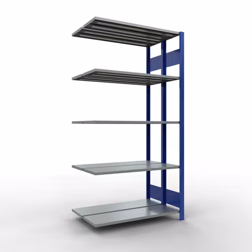 Anbauregal, Doppelregal, Fachbodenregal Stecksystem MULTIplus150, 2000 x 1000 x (2x300) mm (HxBxT), 2x5 Fachböden, Längenriegel, RAL 5010 enzianblau aus der Kategorie Doppelregale mit der Artikelnummer 33135-B