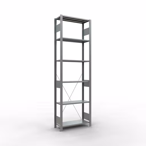 Grundregal, Fachbodenregal Stecksystem MULTIplus150, 2500 x 750 x 300 mm (HxBxT), 6 Fachböden, Kreuzstrebe, verzinkt aus der Kategorie Grundregal mit der Artikelnummer 12731-75