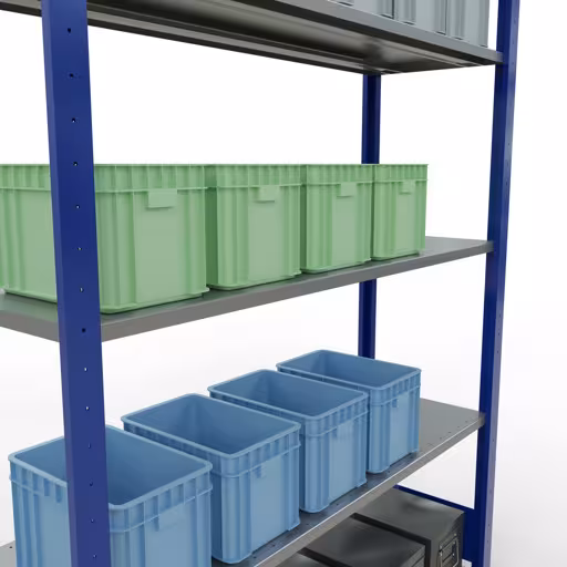 Produktbild Nr.7 des Artikels Grundregal, Fachbodenregal Stecksystem MULTIplus150, 2000 x 1300 x 400 mm (HxBxT), 5 Fachböden, Längenriegel, RAL 5010 enzianblau/verzinkt aus der Produktreihe Stecksystem von der Marke Schulte Lagertechnik
