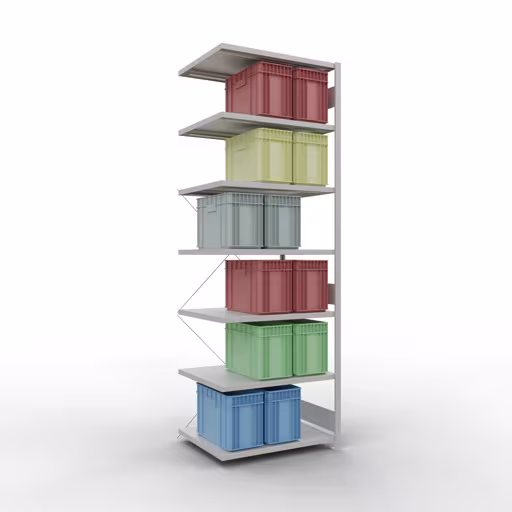 Abbildung Nr 13 des Artikels Anbauregal, Fachbodenregal Stecksystem MULTIplus330, 3000 x 1000 x 800 mm (HxBxT), 7 Fachböden, Kreuzstrebe, RAL 7035 lichtgrau aus der Produktgruppe Stecksystem von der Marke Schulte Lagertechnik