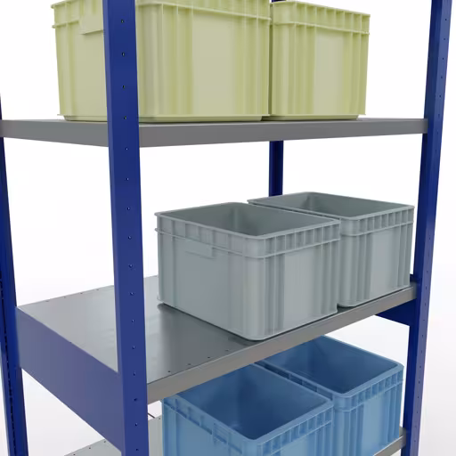 Zusatzbild des Artikels Grundregal, Fachbodenregal Stecksystem MULTIplus250, 2500 x 1000 x 600 mm (HxBxT), 6 Fachböden, Kreuzstrebe, RAL 5010 enzianblau/verzinkt aus Grundregal