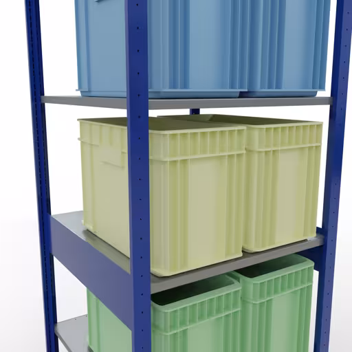 Zusatzbild des Artikels Grundregal, Fachbodenregal Stecksystem MULTIplus150, 2500 x 750 x 800 mm (HxBxT), 6 Fachböden, Längenriegel, RAL 5010 enzianblau/verzinkt/verzinkt aus Grundregal