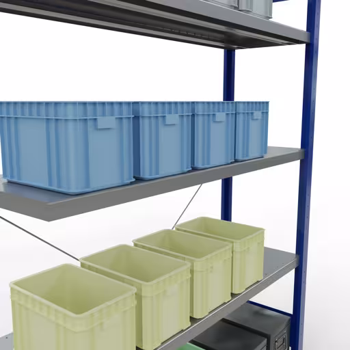 Abbildung Nr 15 des Artikels Anbauregal, Fachbodenregal Stecksystem MULTIplus250, 2000 x 1300 x 400 mm (HxBxT), 5 Fachböden, Kreuzstrebe, RAL 5010 enzianblau/verzinkt aus der Produktgruppe Stecksystem von der Marke Schulte Lagertechnik