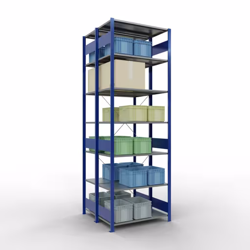 Zusatzbild des Artikels Grundregal, Doppelregal, Fachbodenregal Stecksystem MULTIplus150, 3000 x 1000 x (2x1000) mm (HxBxT), 2x7 Fachböden, Kreuzstrebe, RAL 5010 enzianblau aus Doppelregale