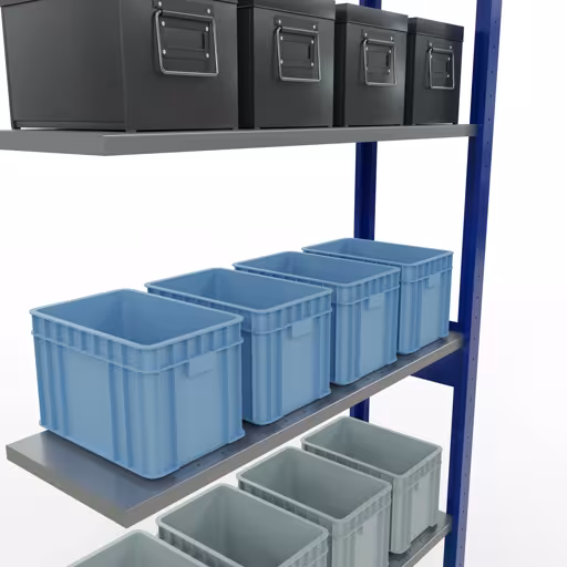 Produktbild Nr.7 des Artikels Anbauregal, Fachbodenregal Stecksystem MULTIplus150, 2500 x 1000 x 300 mm (HxBxT), 6 Fachböden, Längenriegel, RAL 5010 enzianblau/verzinkt aus der Produktreihe Stecksystem von der Marke Schulte Lagertechnik