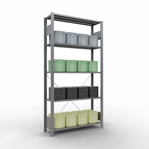 Produktbild Nr 15 des Artikels Grundregal, Fachbodenregal Stecksystem MULTIplus85, 2000 x 1000 x 300 mm (HxBxT), 5 Fachböden, Kreuzstrebe, verzinkt Abbildung Nr 15 des Artikels Grundregal, Fachbodenregal Stecksystem MULTIplus85, 2000 x 1000 x 300 mm (HxBxT), 5 Fachböden, Kreuzstrebe, verzinkt aus der Produktgruppe Stecksystem von der Marke Schulte Lagertechnik