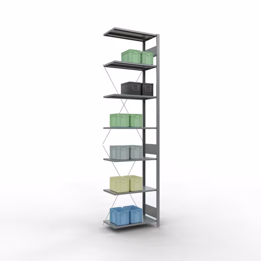 Anbauregal, Fachbodenregal Stecksystem MULTIplus150, 3000 x 750 x 400 mm (HxBxT), 7 Fachböden, Kreuzstrebe, verzinkt mit der GTIN 4004514205018 Anbauregal, Fachbodenregal Stecksystem MULTIplus150, 3000 x 750 x 400 mm (HxBxT), 7 Fachböden, Kreuzstrebe, verzinkt von Schulte Lagertechnik mit der Artikelnr. 12747-75