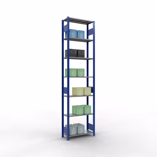 Zusatzbild des Artikels Grundregal, Fachbodenregal Stecksystem MULTIplus150, 3000 x 750 x 300 mm (HxBxT), 7 Fachböden, Längenriegel, RAL 5010 enzianblau/verzinkt/verzinkt aus Grundregal