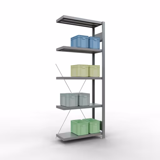 Andere Ansicht des Artikels Anbauregal, Fachbodenregal Stecksystem MULTIplus250, 2000 x 750 x 300 mm (HxBxT), 5 Fachböden, Kreuzstrebe, verzinkt aus der Kategorie Stecksystem