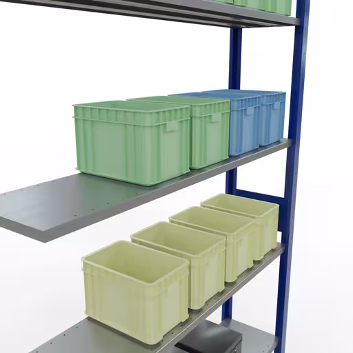Produktbild Nr.15 des Artikels Anbauregal, Fachbodenregal Stecksystem MULTIplus150, 3000 x 1300 x 300 mm (HxBxT), 7 Fachböden, Längenriegel, RAL 5010 enzianblau/verzinkt aus der Produktreihe Stecksystem von der Marke Schulte Lagertechnik