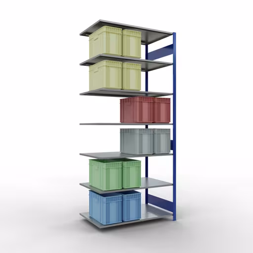 Anbauregal, Fachbodenregal Stecksystem MULTIplus150, 3000 x 1300 x 800 mm (HxBxT), 7 Fachböden, Längenriegel, RAL 5010 enzianblau/verzinkt von der Marke Schulte Lagertechnik aus der Produktreihe Stecksystem