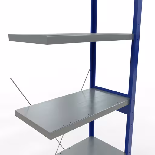 Anbauregal, Fachbodenregal Stecksystem MULTIplus250, 2500 x 750 x 400 mm (HxBxT), 6 Fachböden, Kreuzstrebe, RAL 5010 enzianblau/verzinkt/verzinkt von Schulte Lagertechnik aus der Kategorie Stecksystem
