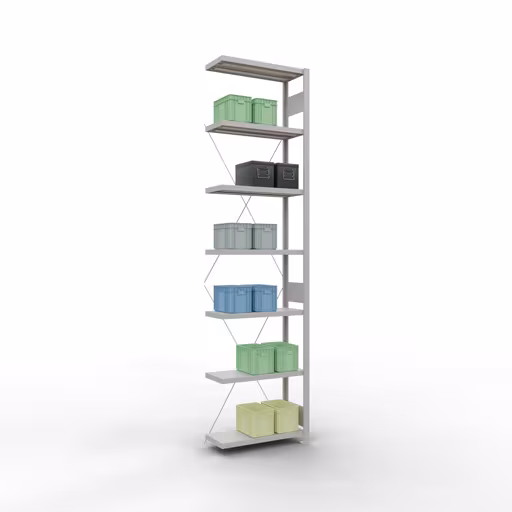 Anbauregal, Fachbodenregal Stecksystem MULTIplus250, 3000 x 750 x 300 mm (HxBxT), 7 Fachböden, Kreuzstrebe, RAL 7035 lichtgrau von Schulte Lagertechnik mit der Artikelnr. 32837-75
