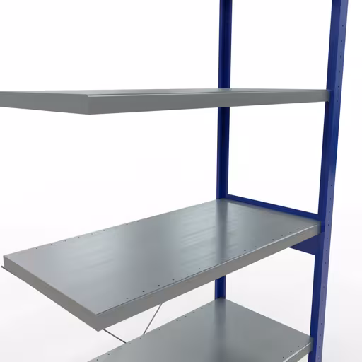 Andere Ansicht des Artikels Anbauregal, Fachbodenregal Stecksystem MULTIplus250, 2500 x 1000 x 500 mm (HxBxT), 6 Fachböden, Kreuzstrebe, RAL 5010 enzianblau/verzinkt aus der Kategorie Stecksystem