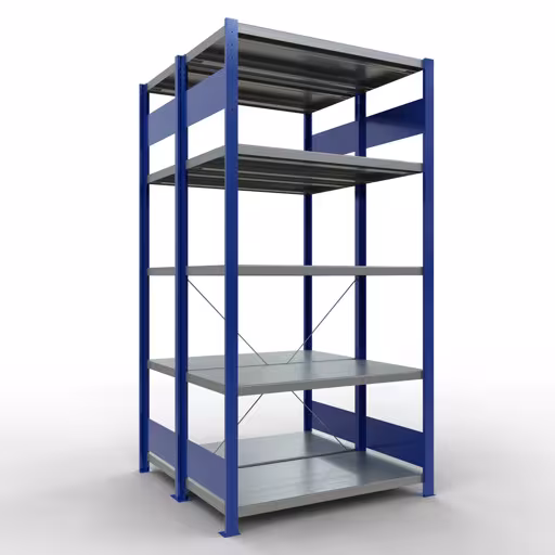 Grundregal, Doppelregal, Fachbodenregal Stecksystem MULTIplus250, 2000 x 1000 x (2x500) mm (HxBxT), 2x5 Fachböden, Kreuzstrebe, RAL 5010 enzianblau aus der Kategorie Doppelregale mit der Artikelnummer 32150-G-B